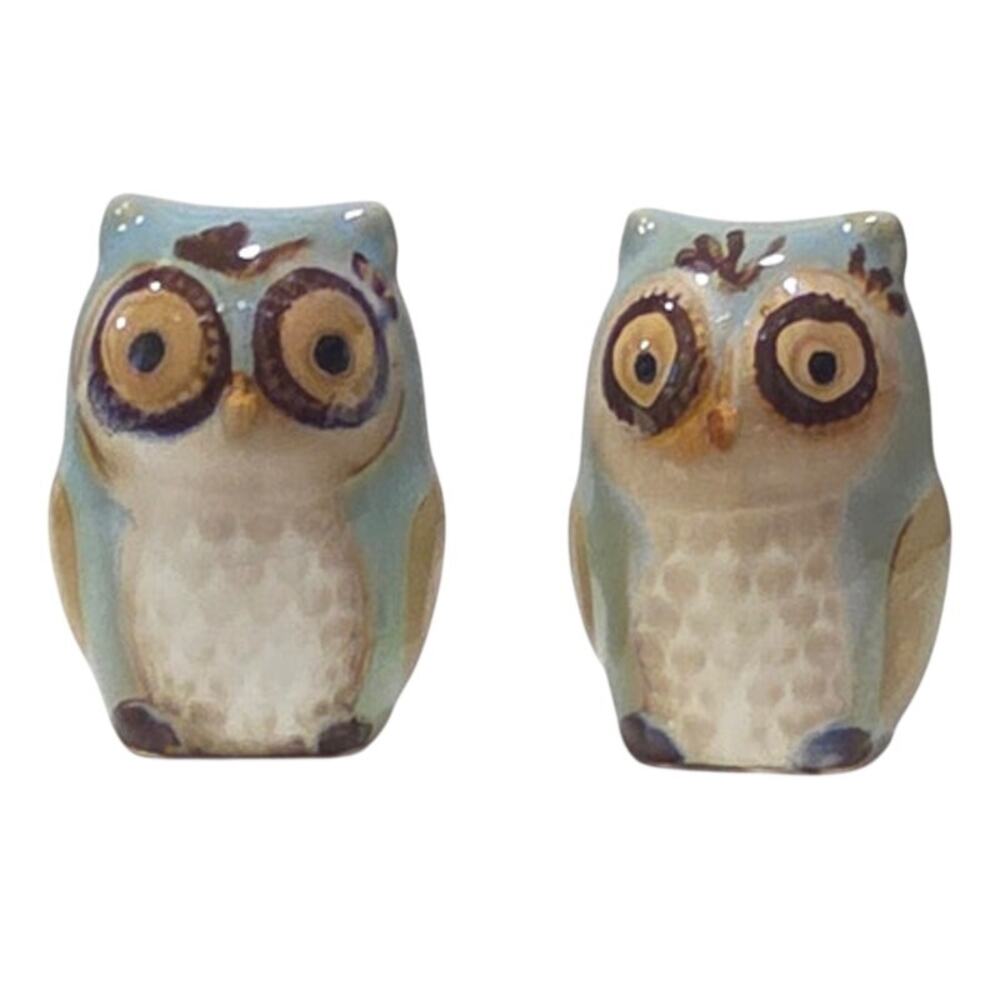 Vintage Cutest Ceramic Blue/Brown/Beige Owl Salt/Pepper Shakers Stoppers Incl